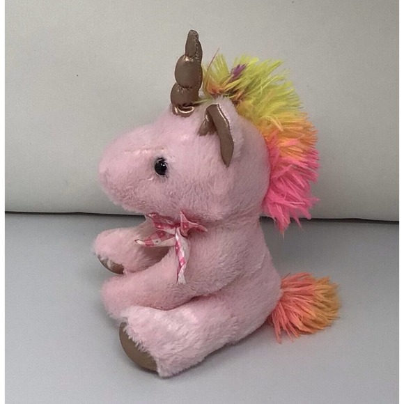 Pink Rose Gold Metallic Unicorn with Bow 10" Plush Yellow Pink Mane Stuffed Toy - Picture 3 of 9